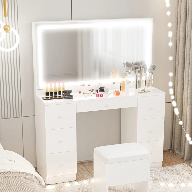 Sweetcrispy Vanity Desk With Adjustable Lighten Mirror & Power Outlet Makeup Desk For Bedroom With A Storage Cabinet And 3 Drawers 4 Storage Shelves White Dresser For Girls